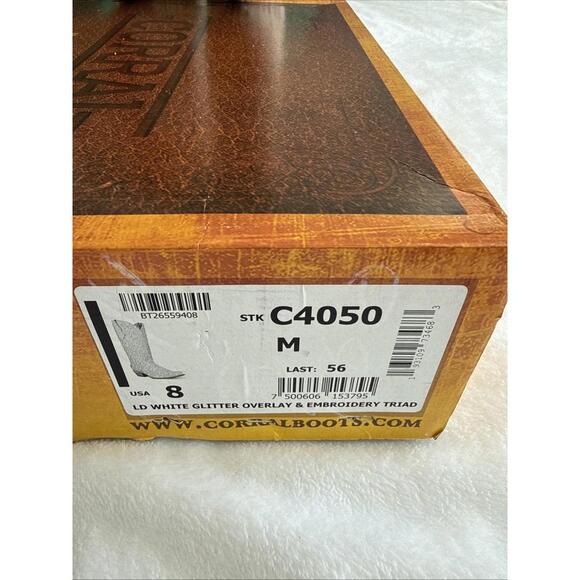 CORRAL WMNS 8 WHITE GLITTER OVERLAY & EMBROIDERY TRIAD SNIP TOE COWBOY BOOT GLOW - Picture 4 of 9